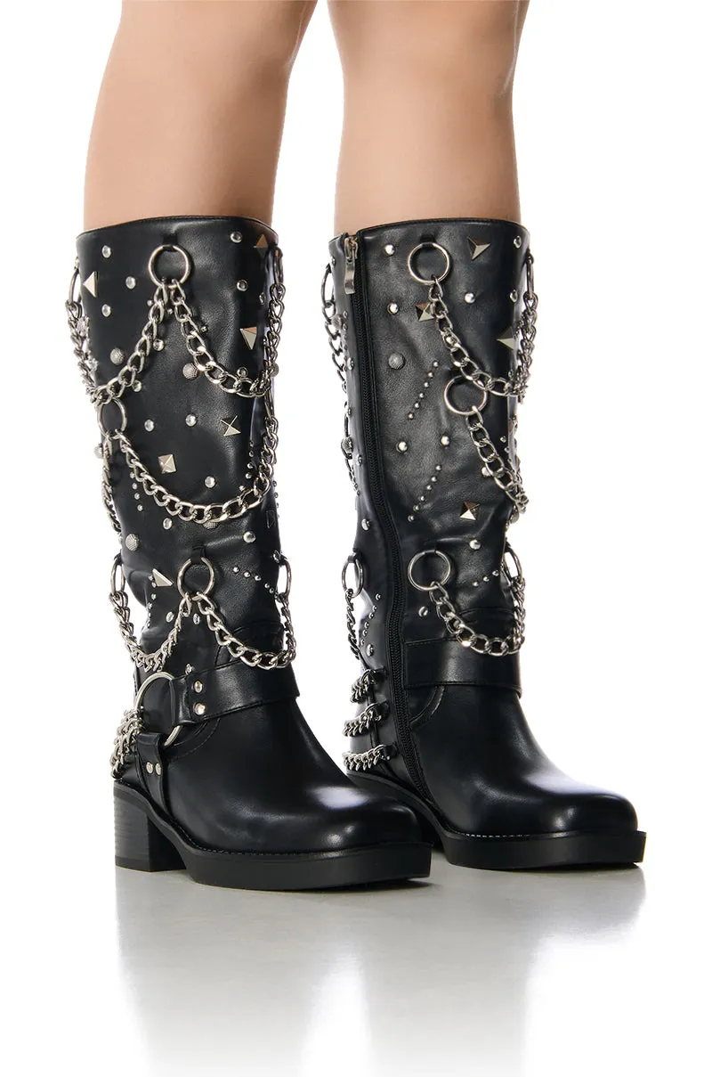 AZALEA WANG FILLMORE BLACK EMBELLISHED HARDWARE FLAT BOOTIE