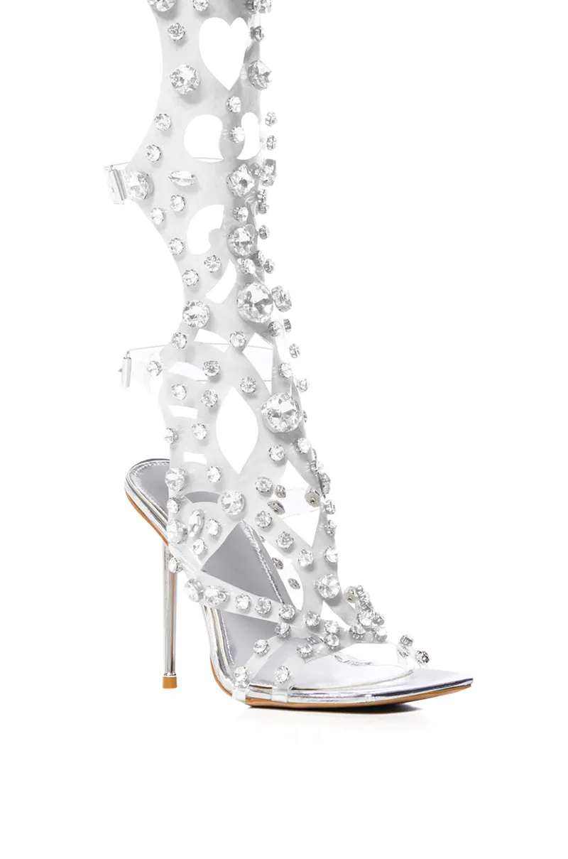 AZALEA WANG LEANNA EMBELLISHED GLADIATOR SANDAL IN SILVER