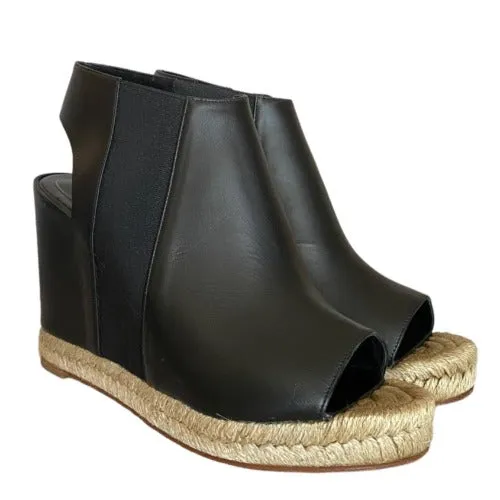 BALENCIAGA Black Leather Open Toe Espadrille Wedge Sandals, Size 40