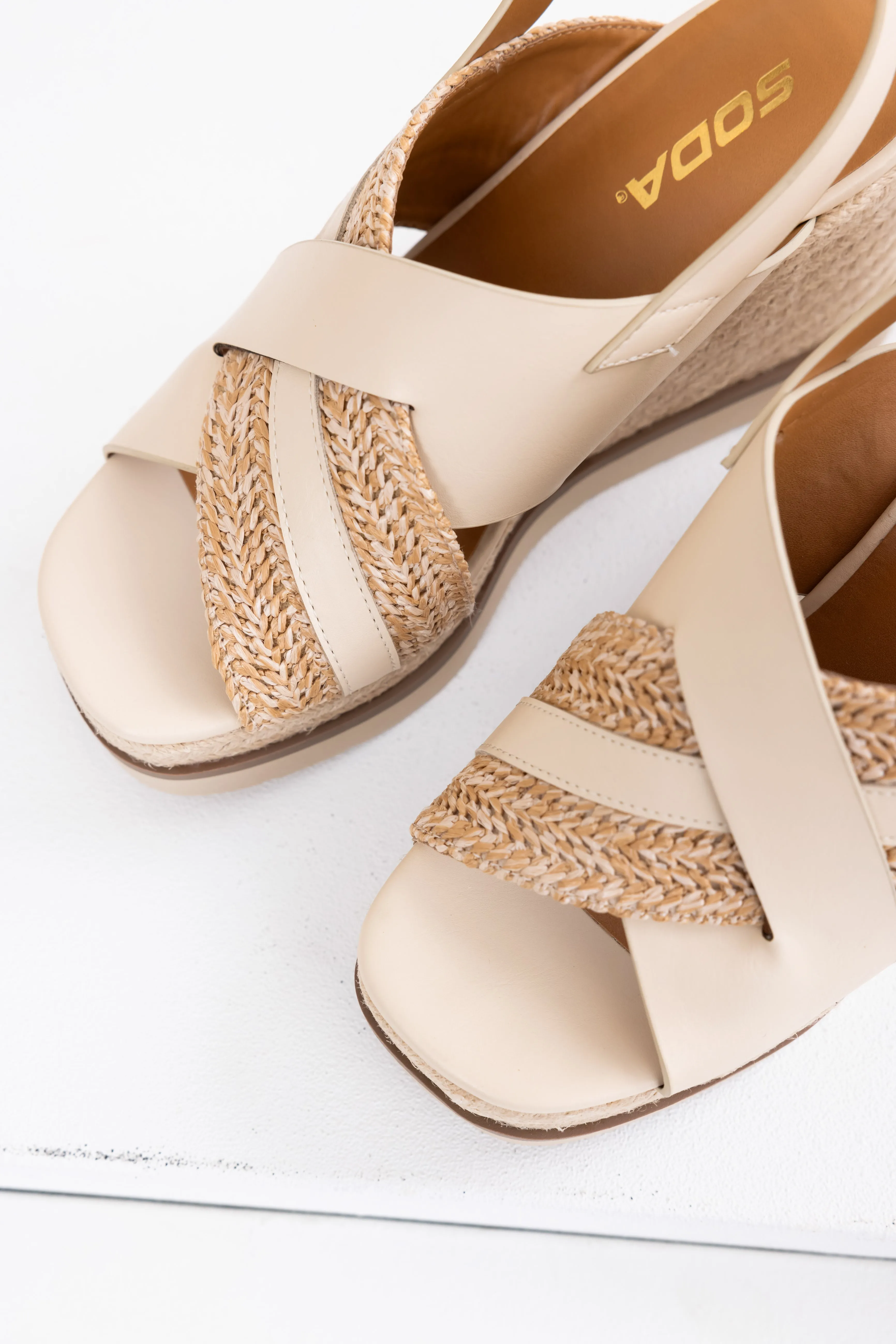 Beige Cross Strap Espadrille Platform Wedges