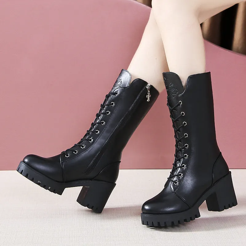 Black chunky platform round toe mid calf combat boots