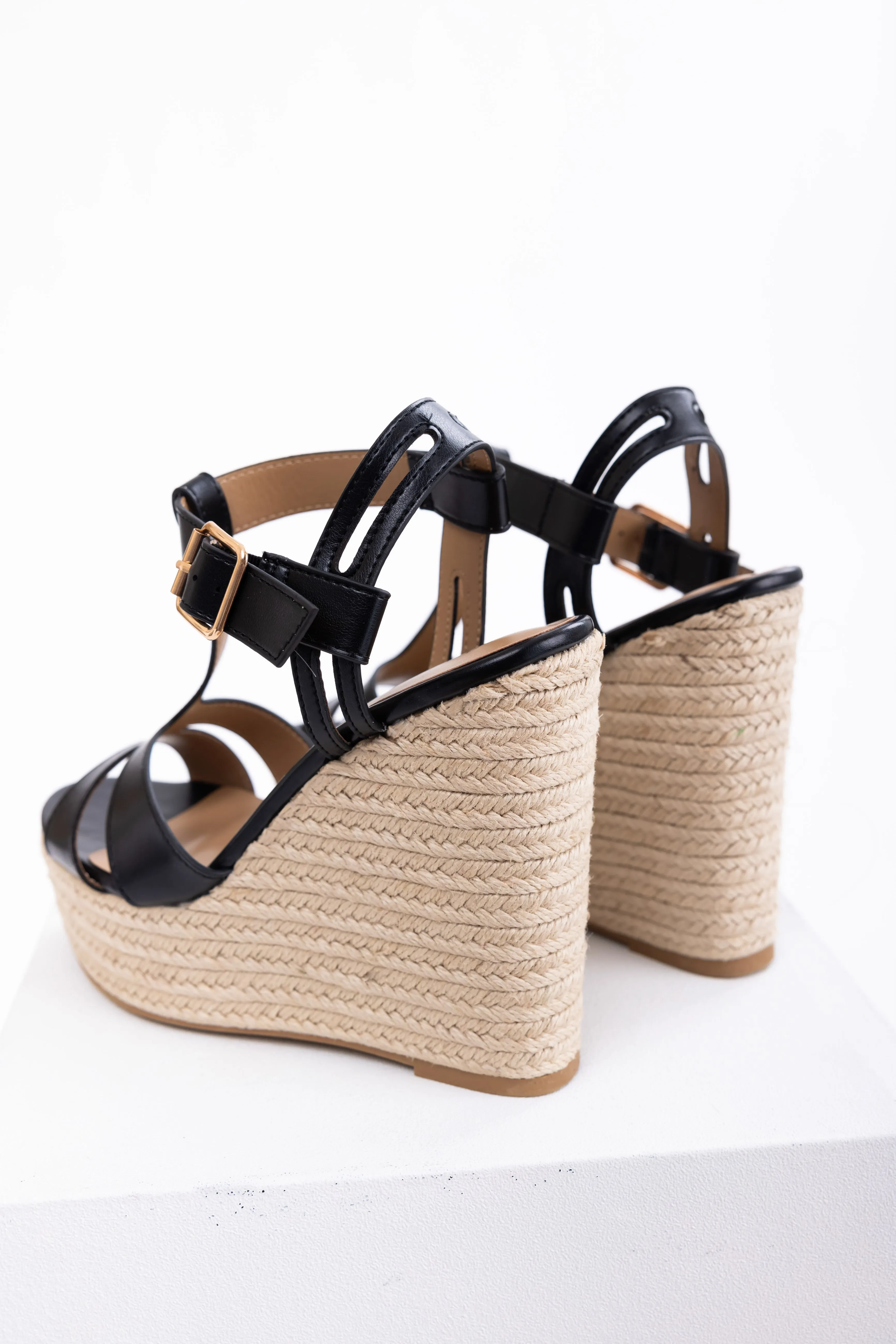 Black Cut Out T Strap Espadrille Platform Wedges