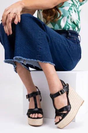 Black Cut Out T Strap Espadrille Platform Wedges