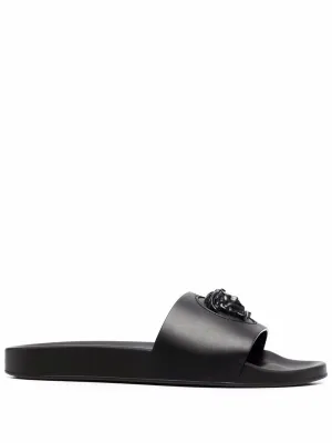 Black leather La Medusa leather slides