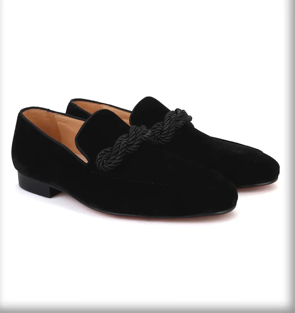 Black Rope Tassel Velvet Loafers