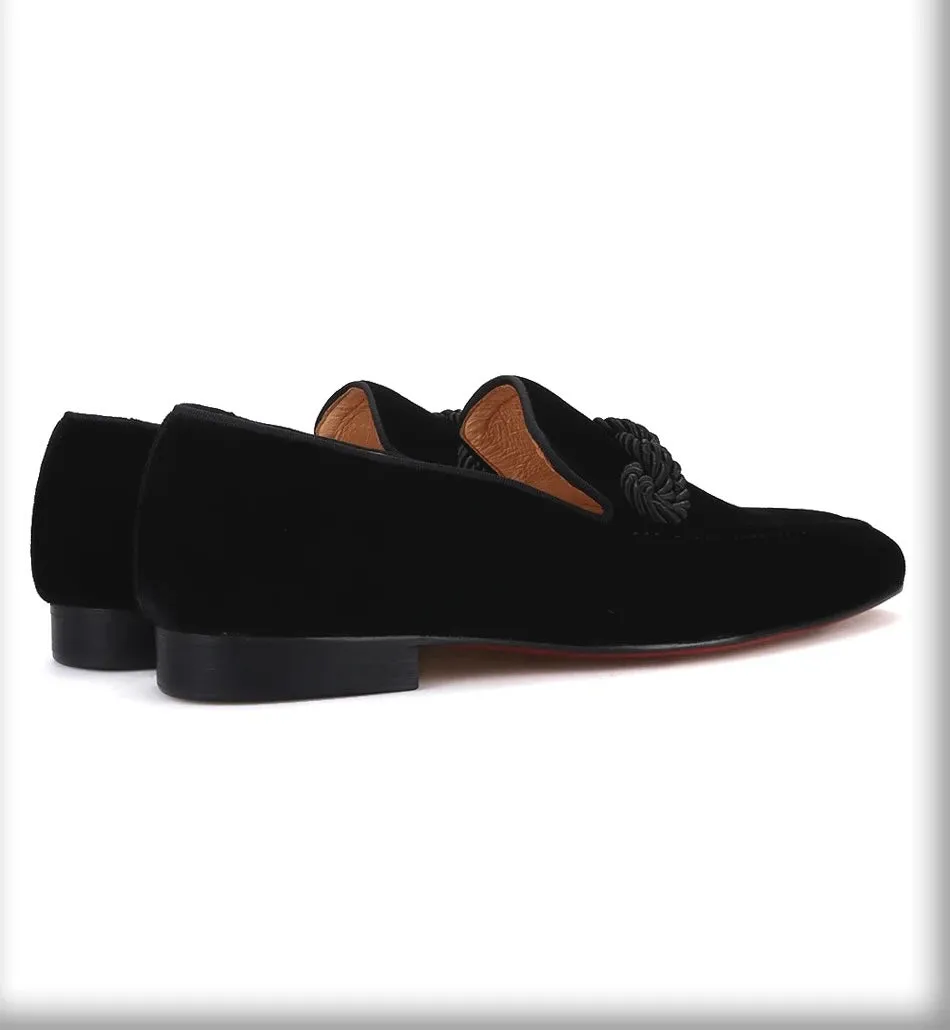 Black Rope Tassel Velvet Loafers