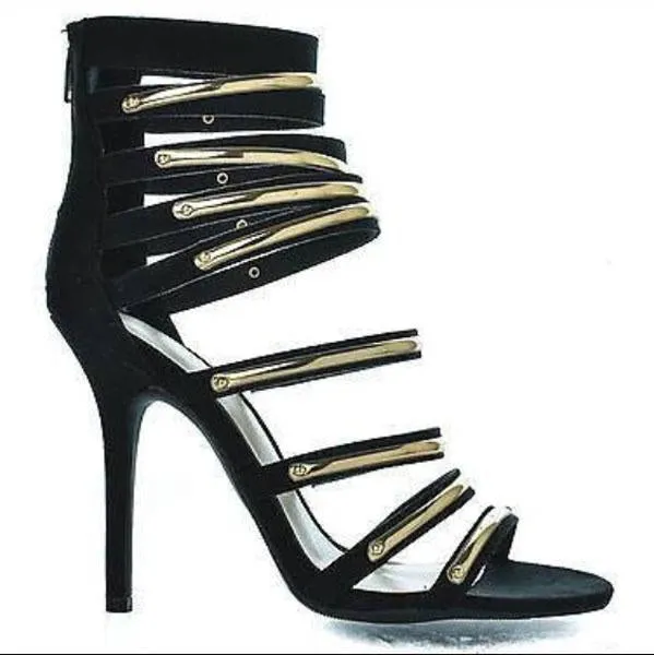 Black Suede High Heel Cutout Zipper Sandals