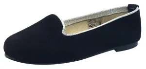 ChildrenChic Girl's Ballet Flat, Black Suede with Silver Piping Trim