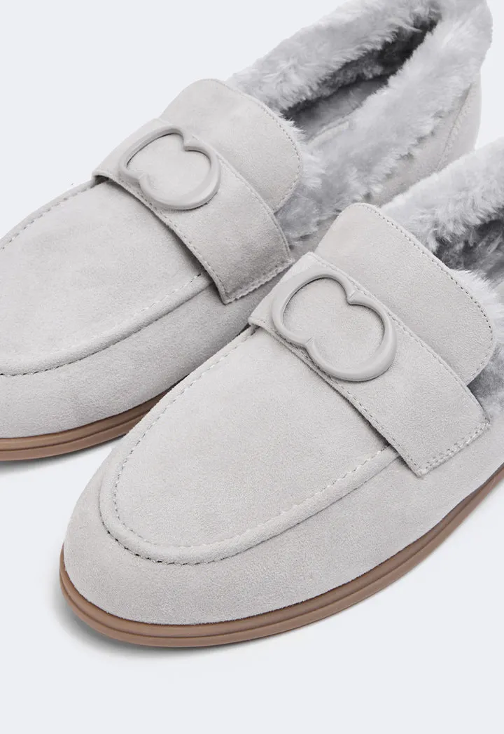 Choice Shearling Detailed Suede Loafers Grey