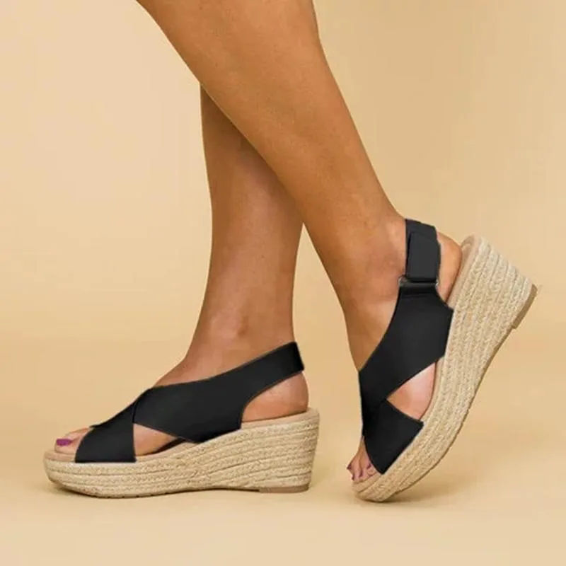 Crossed Strap Peep Toe Magic Tape Wedge Sandals For Women Summer