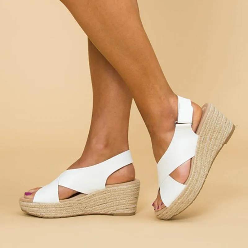 Crossed Strap Peep Toe Magic Tape Wedge Sandals For Women Summer