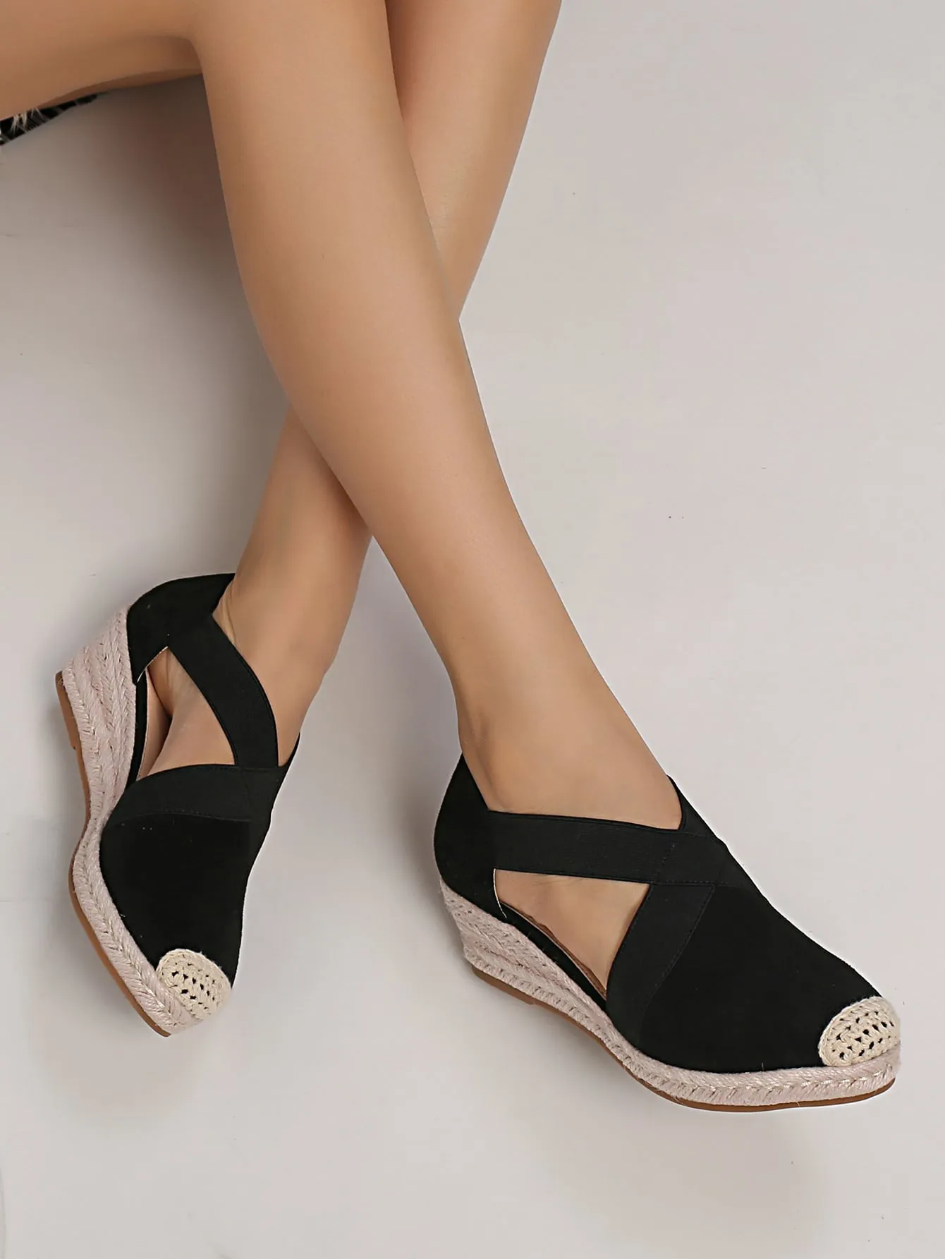 Cut Out Espadrille Faux Suede Court Wedge Shoes