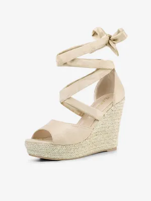 Faux Suede Lace Up Espadrille Wedge Heel Sandals