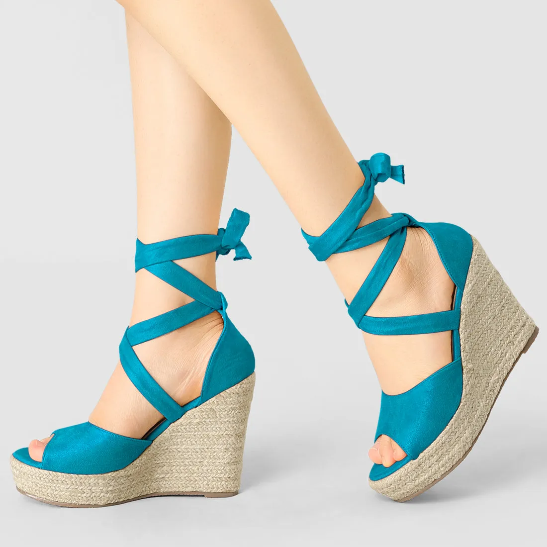 Faux Suede Lace Up Espadrille Wedge Heel Sandals