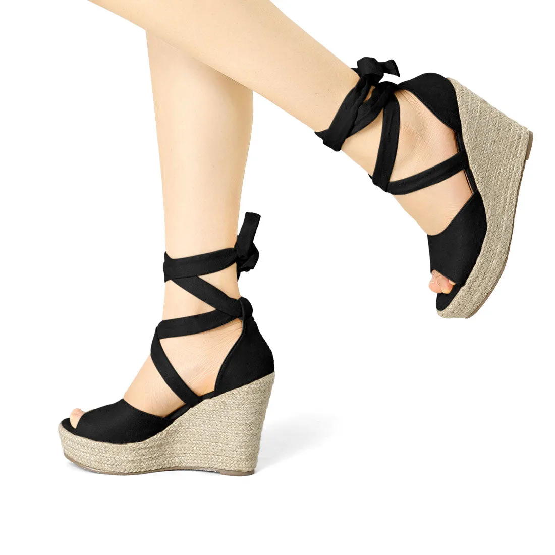 Faux Suede Lace Up Espadrille Wedge Heel Sandals