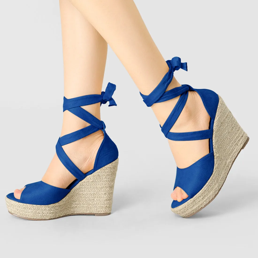 Faux Suede Lace Up Espadrille Wedge Heel Sandals