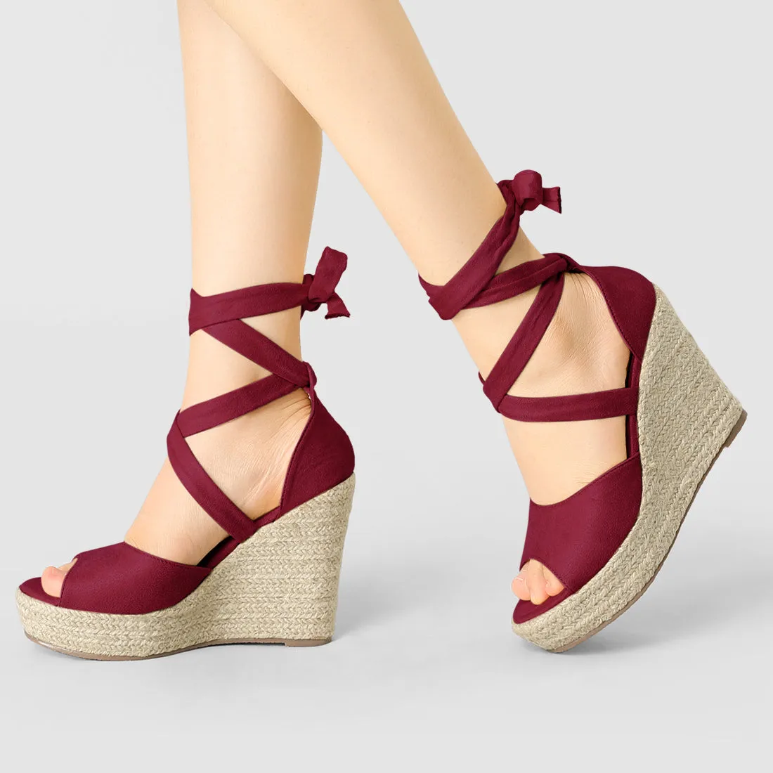 Faux Suede Lace Up Espadrille Wedge Heel Sandals