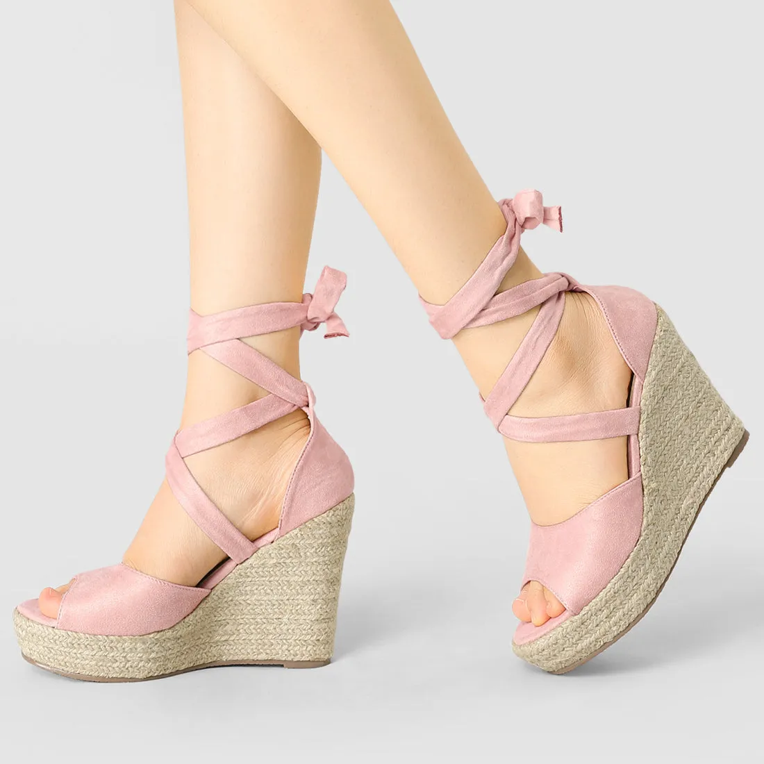 Faux Suede Lace Up Espadrille Wedge Heel Sandals