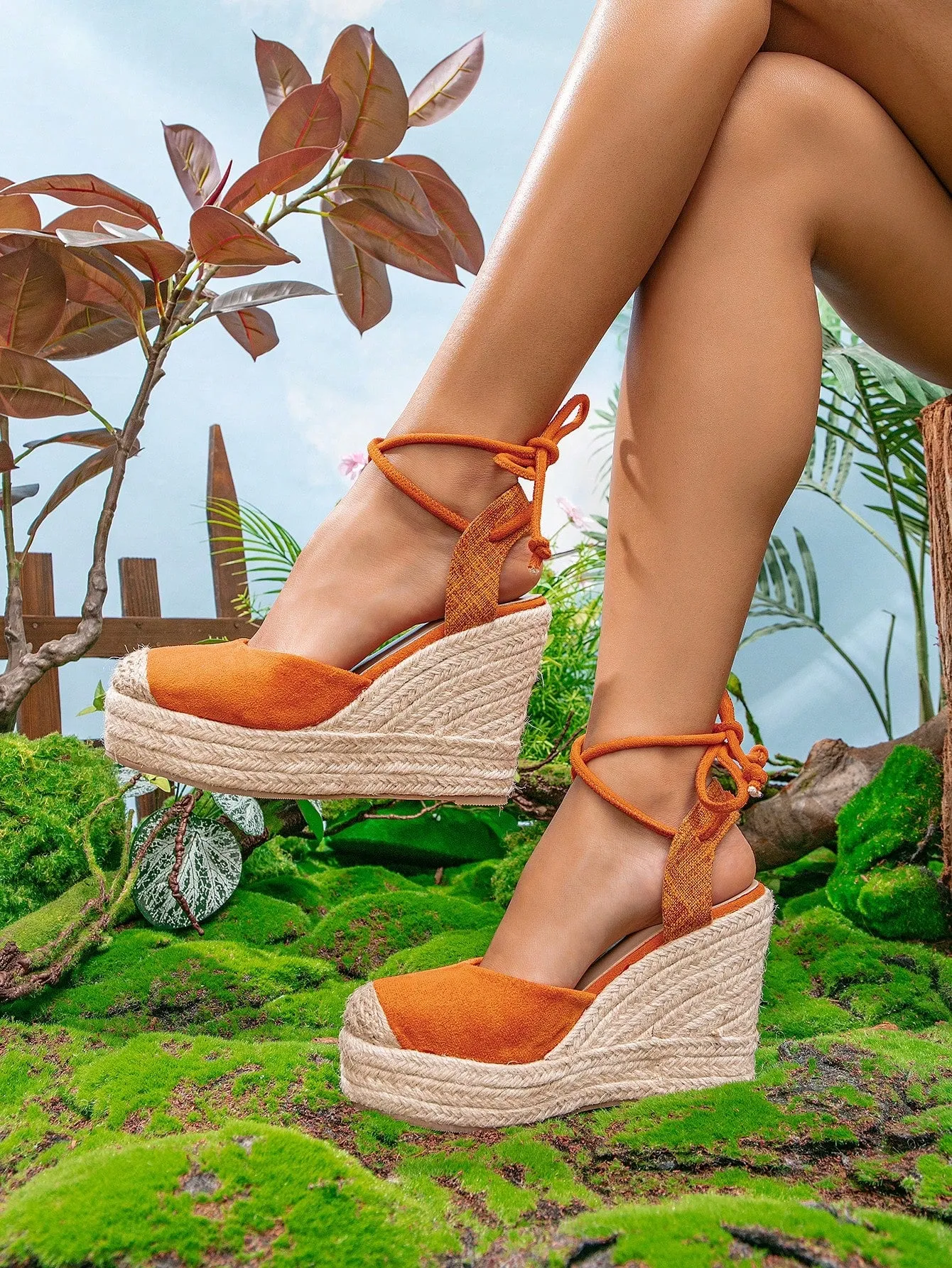 Faux Suede Tie Leg Design Espadrille Wedges Shoes