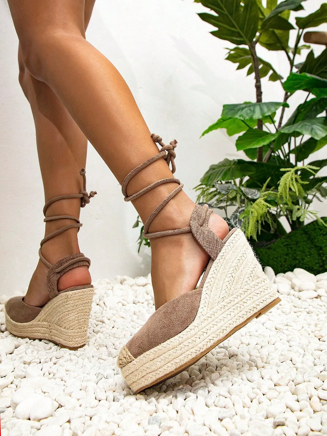 Faux Suede Tie Leg Design Espadrille Wedges Shoes