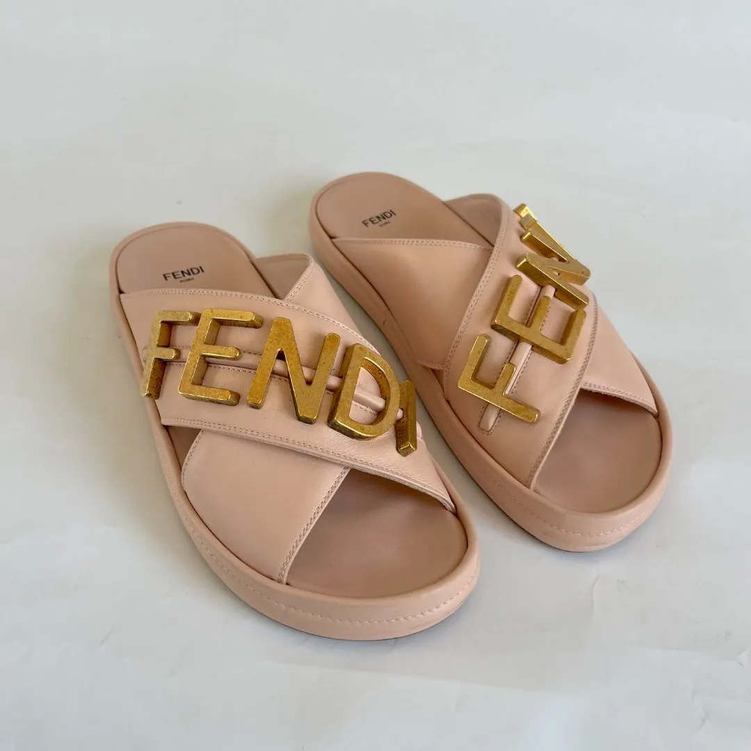 Fendi Pink Leather Fendigraphy Slide Sandals  , 38.5