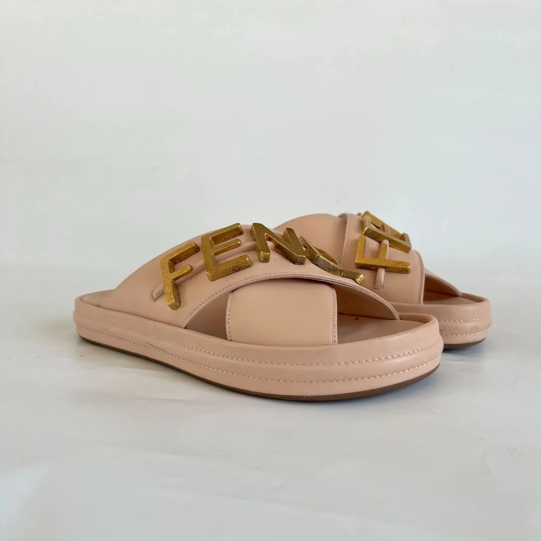 Fendi Pink Leather Fendigraphy Slide Sandals  , 38.5