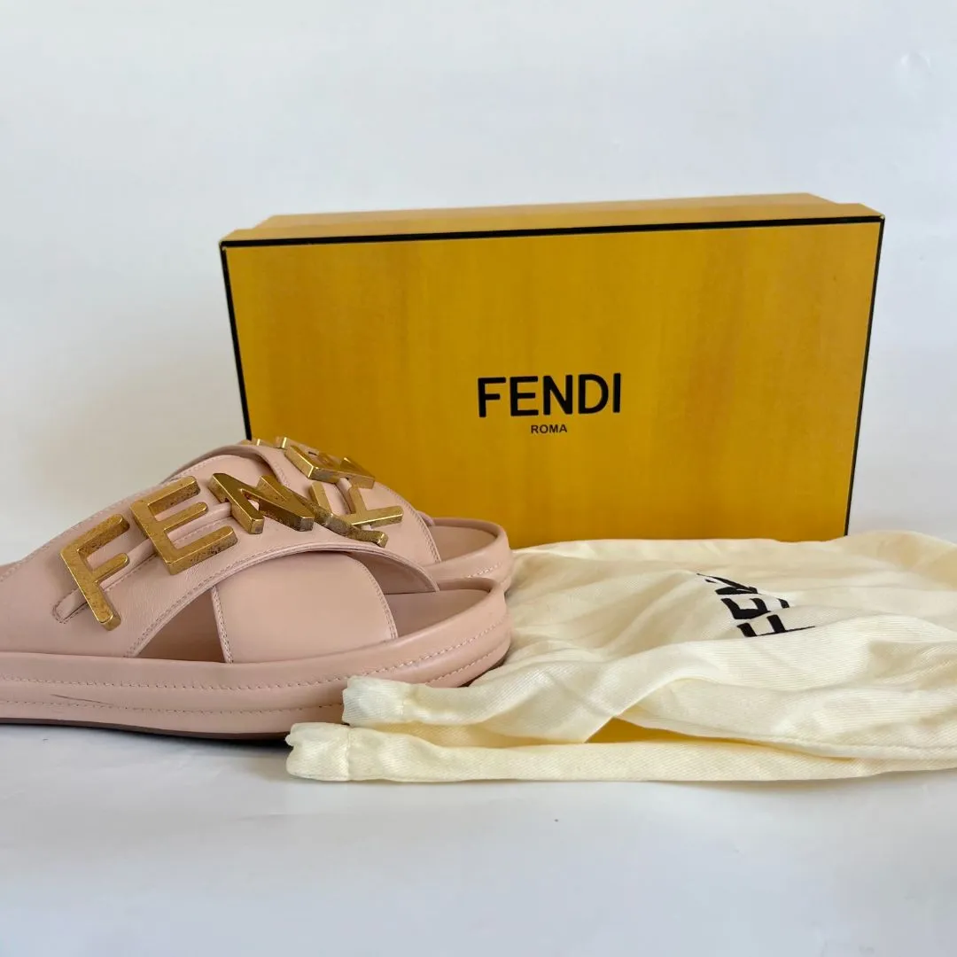 Fendi Pink Leather Fendigraphy Slide Sandals  , 38.5