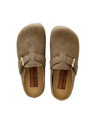 Front Buckle Comfortable Wide-toe Suede Slippers