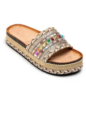 GOLD BRAIDED FLATFORM MULTI COLOUR STUDS SLIP ON SUMMER SANDALS