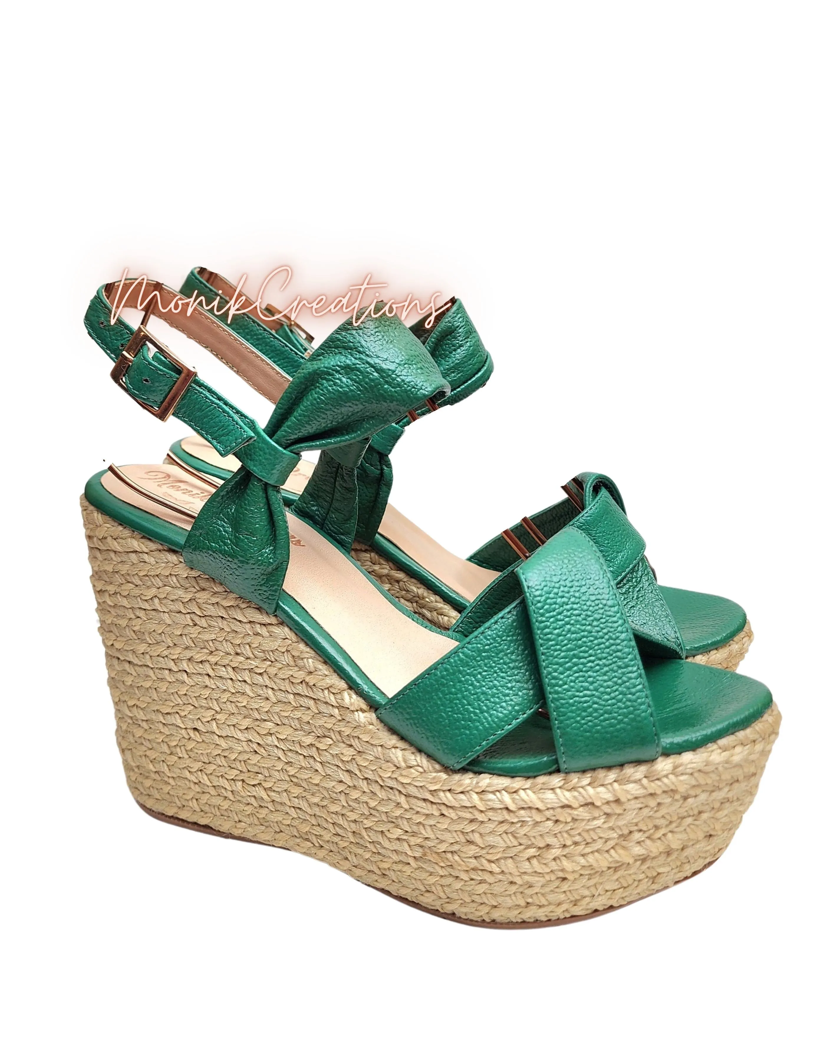 Green Leather Espadrille Wedge Sandals