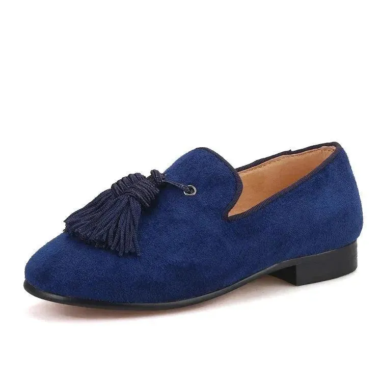 Kids Loafers Navy Suede Kids' Smoking Tassel Loafers for Parties and Birthdays with Red Bottoms