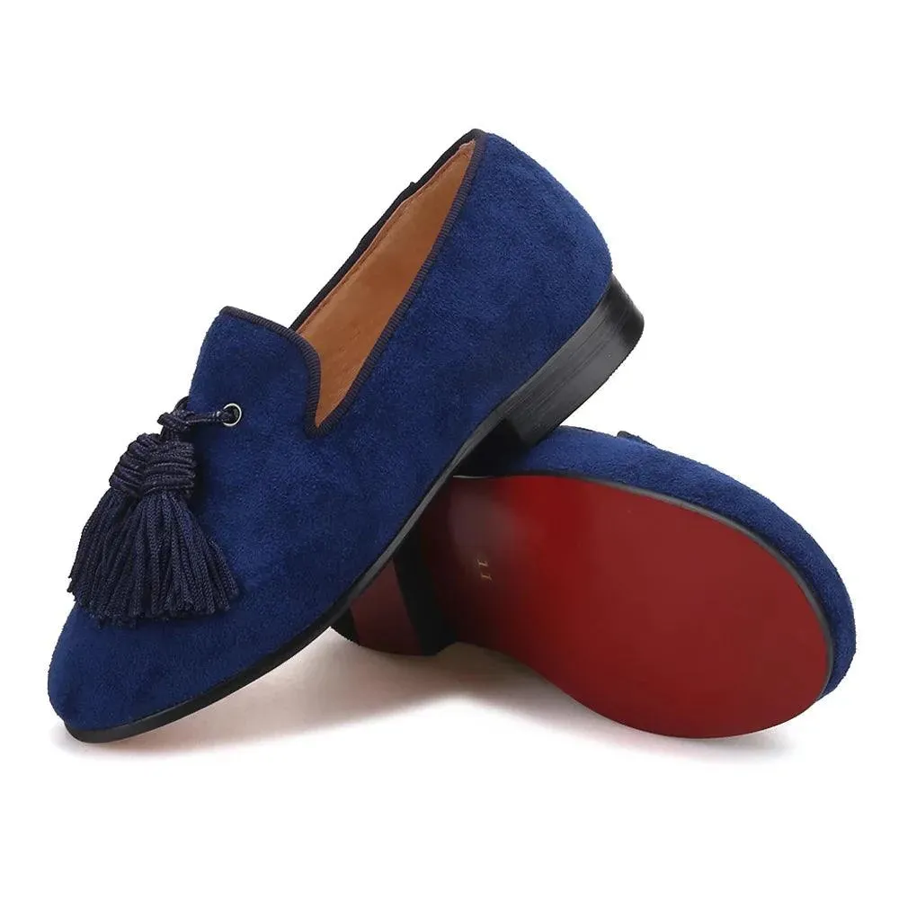 Kids Loafers Navy Suede Kids' Smoking Tassel Loafers for Parties and Birthdays with Red Bottoms