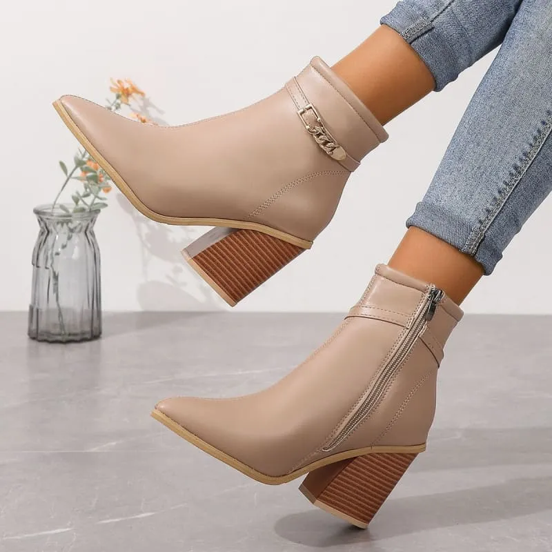 Ladies Pointed Toe Chunky Heel Boots with Zip Detail