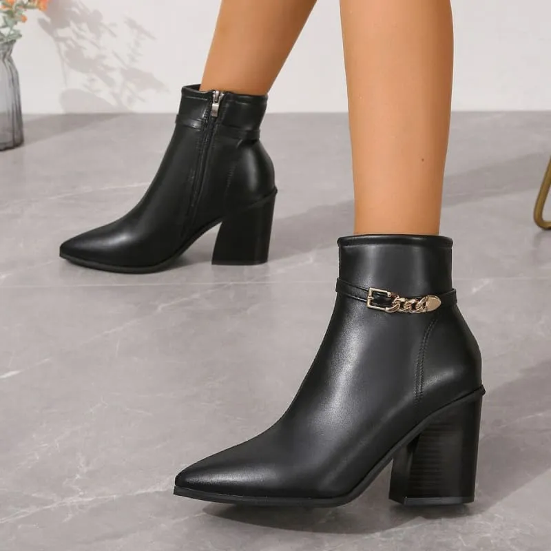 Ladies Pointed Toe Chunky Heel Boots with Zip Detail