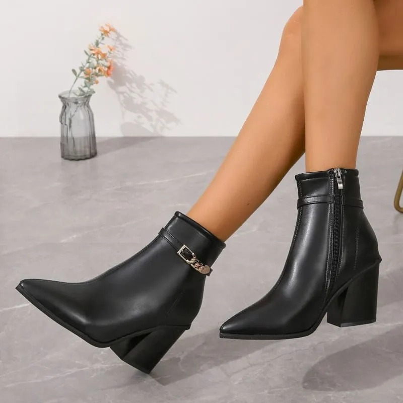 Ladies Pointed Toe Chunky Heel Boots with Zip Detail