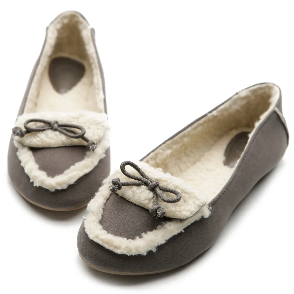 Ollio Women's Shoe Faux Suede Fur Lining Ribbon Ballet Flat