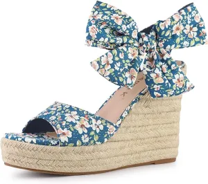 Platform Floral Teal Wedge Sandals