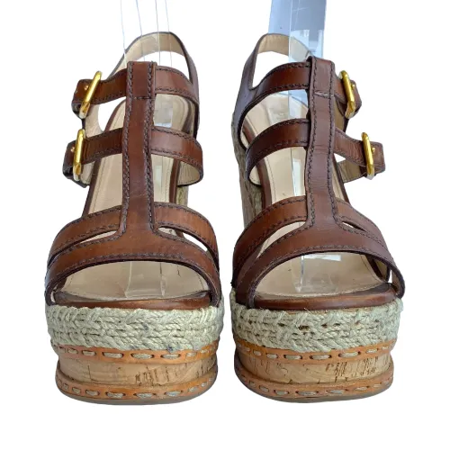 PRADA Brown Leather Strappy Cork Wedge Sandals, Size 38