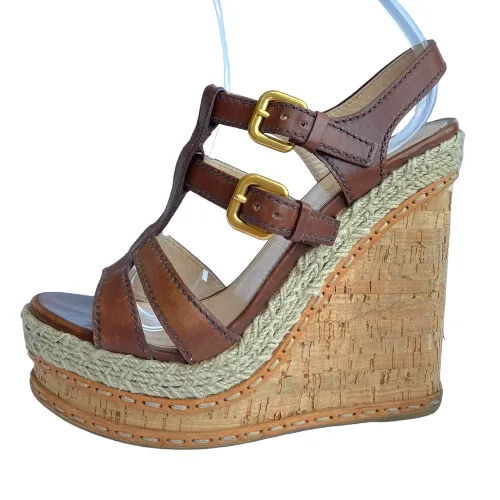 PRADA Brown Leather Strappy Cork Wedge Sandals, Size 38