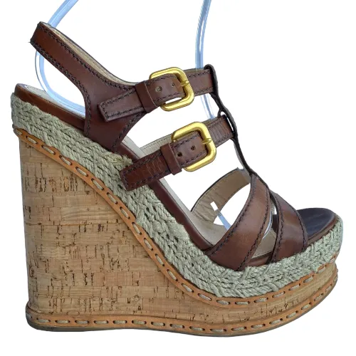 PRADA Brown Leather Strappy Cork Wedge Sandals, Size 38