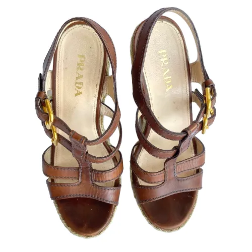 PRADA Brown Leather Strappy Cork Wedge Sandals, Size 38