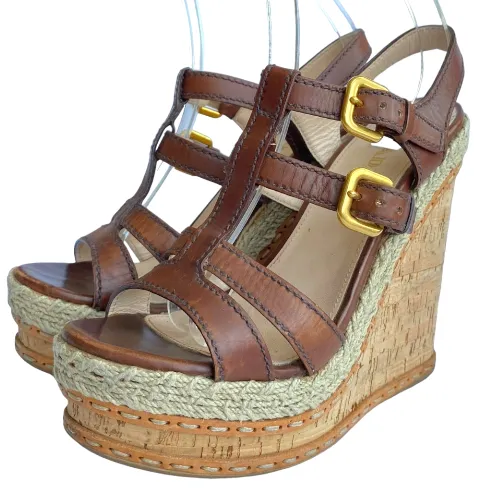 PRADA Brown Leather Strappy Cork Wedge Sandals, Size 38