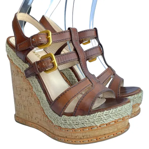 PRADA Brown Leather Strappy Cork Wedge Sandals, Size 38