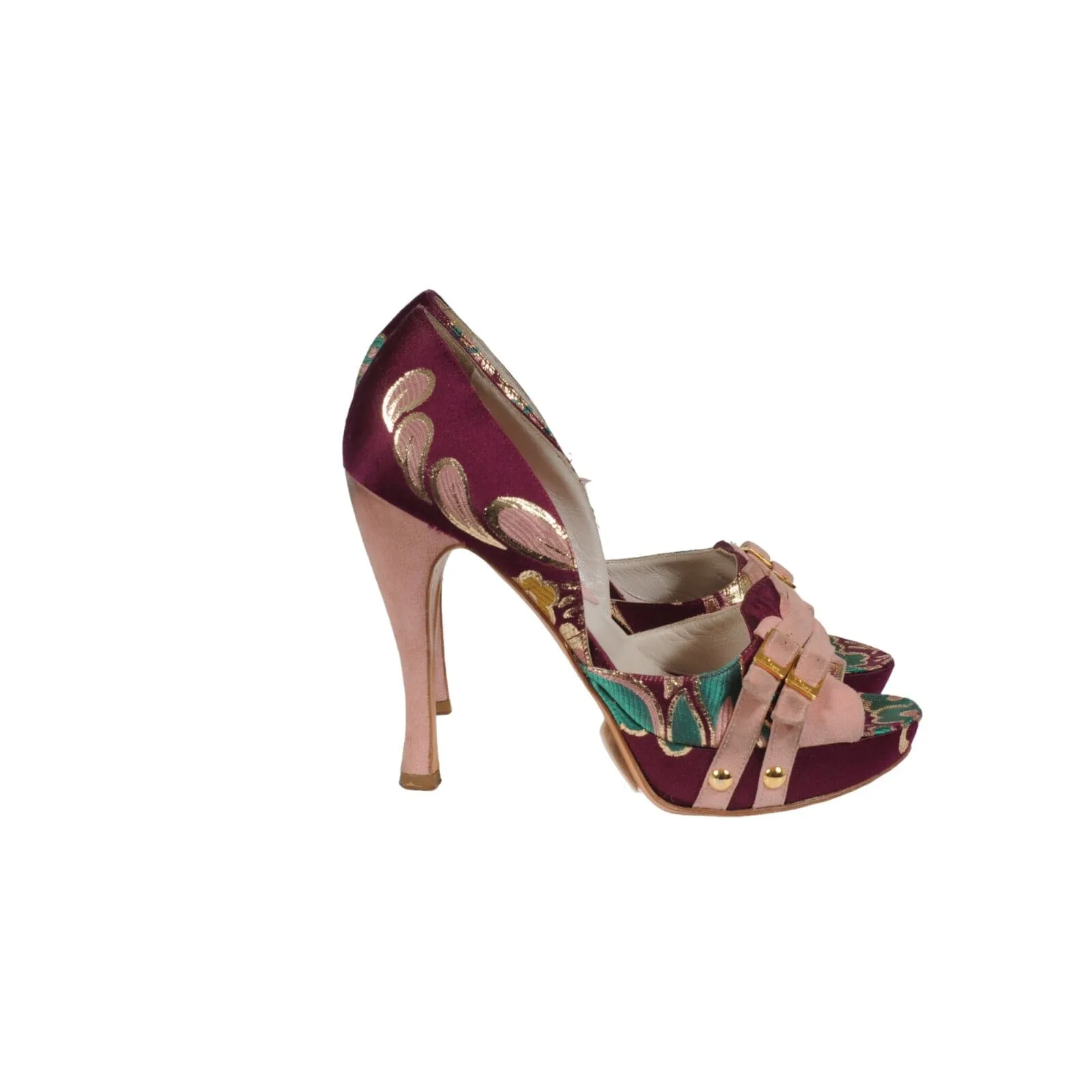 Silk Print Pumps Purple Pink Leather Open Toe Sandals