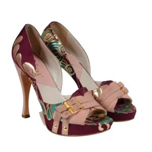 Silk Print Pumps Purple Pink Leather Open Toe Sandals