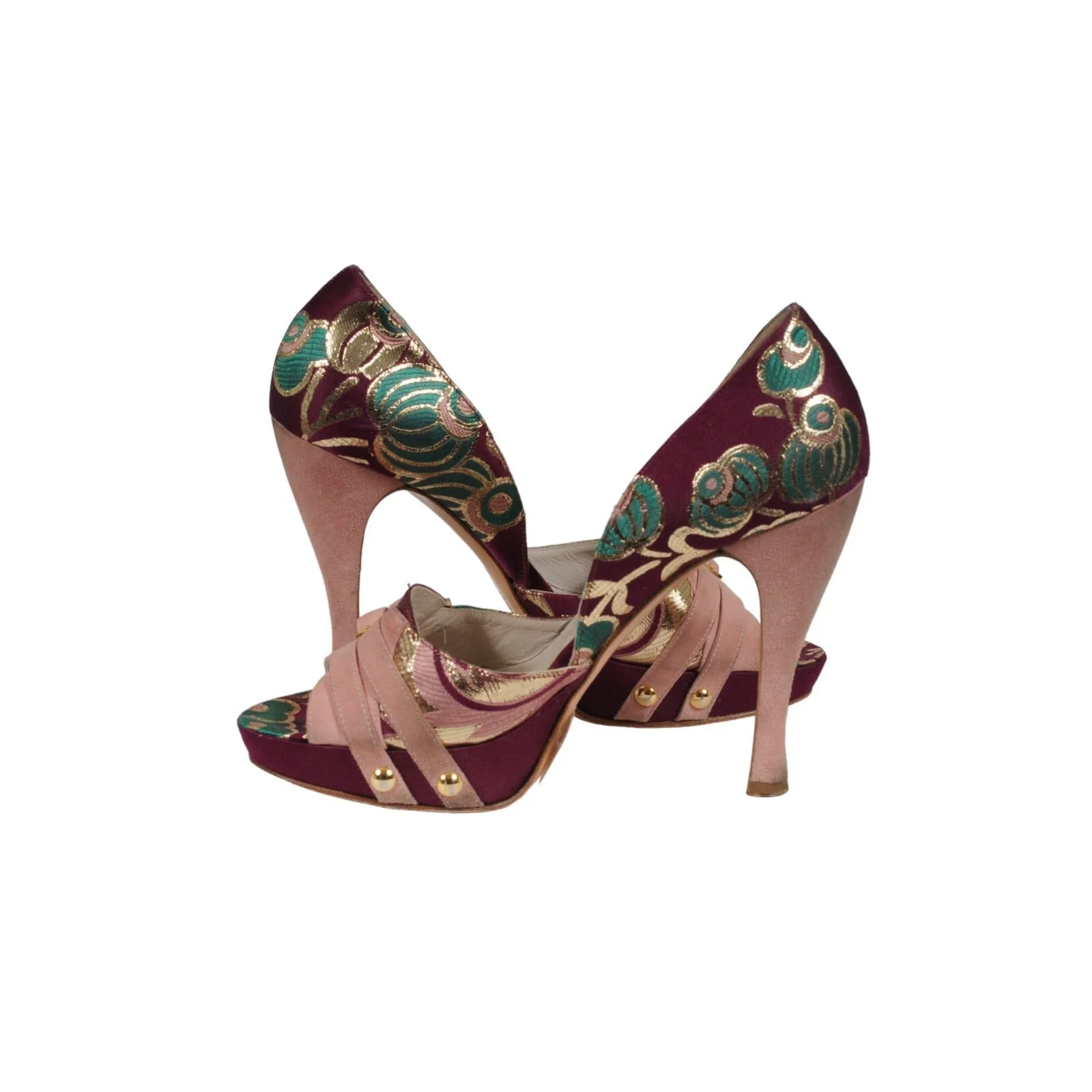 Silk Print Pumps Purple Pink Leather Open Toe Sandals