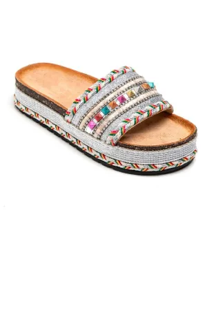 SILVER BRAIDED FLATFORM MULTI COLOUR STUDS SLIP ON SUMMER SANDALS