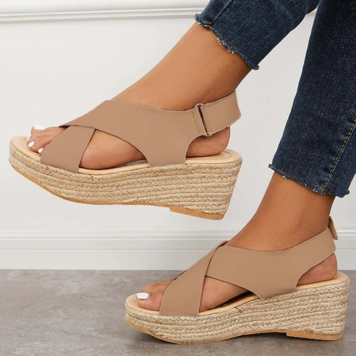 Sohiwoo Women Criss Cross Espadrilles Platform Wedges Ankle Strap Sandals