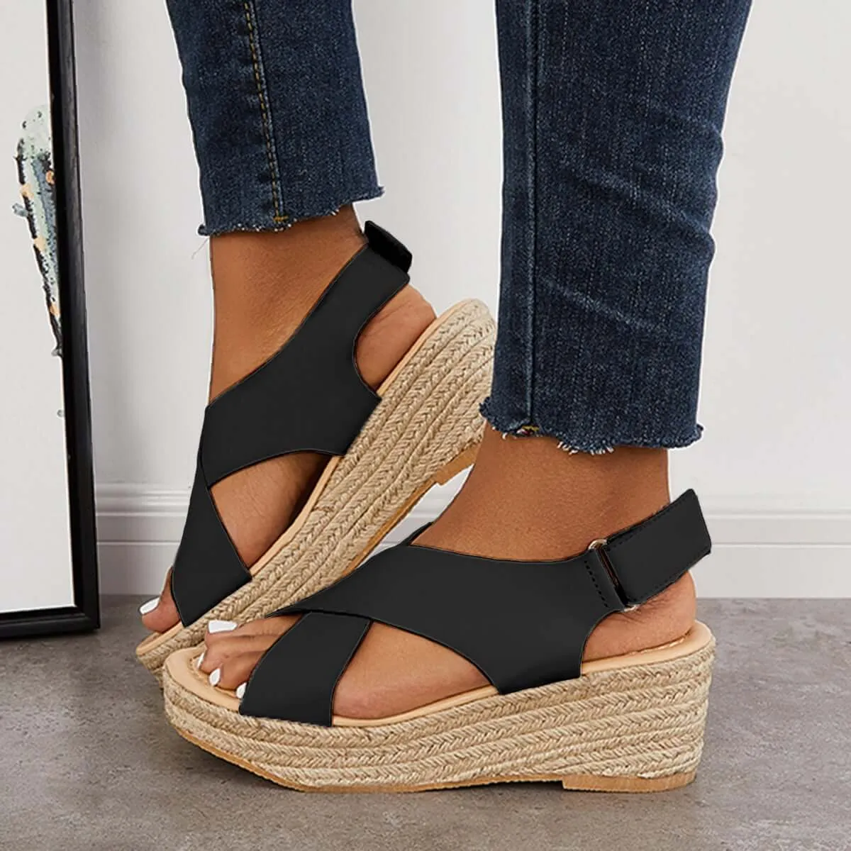 Sohiwoo Women Criss Cross Espadrilles Platform Wedges Ankle Strap Sandals