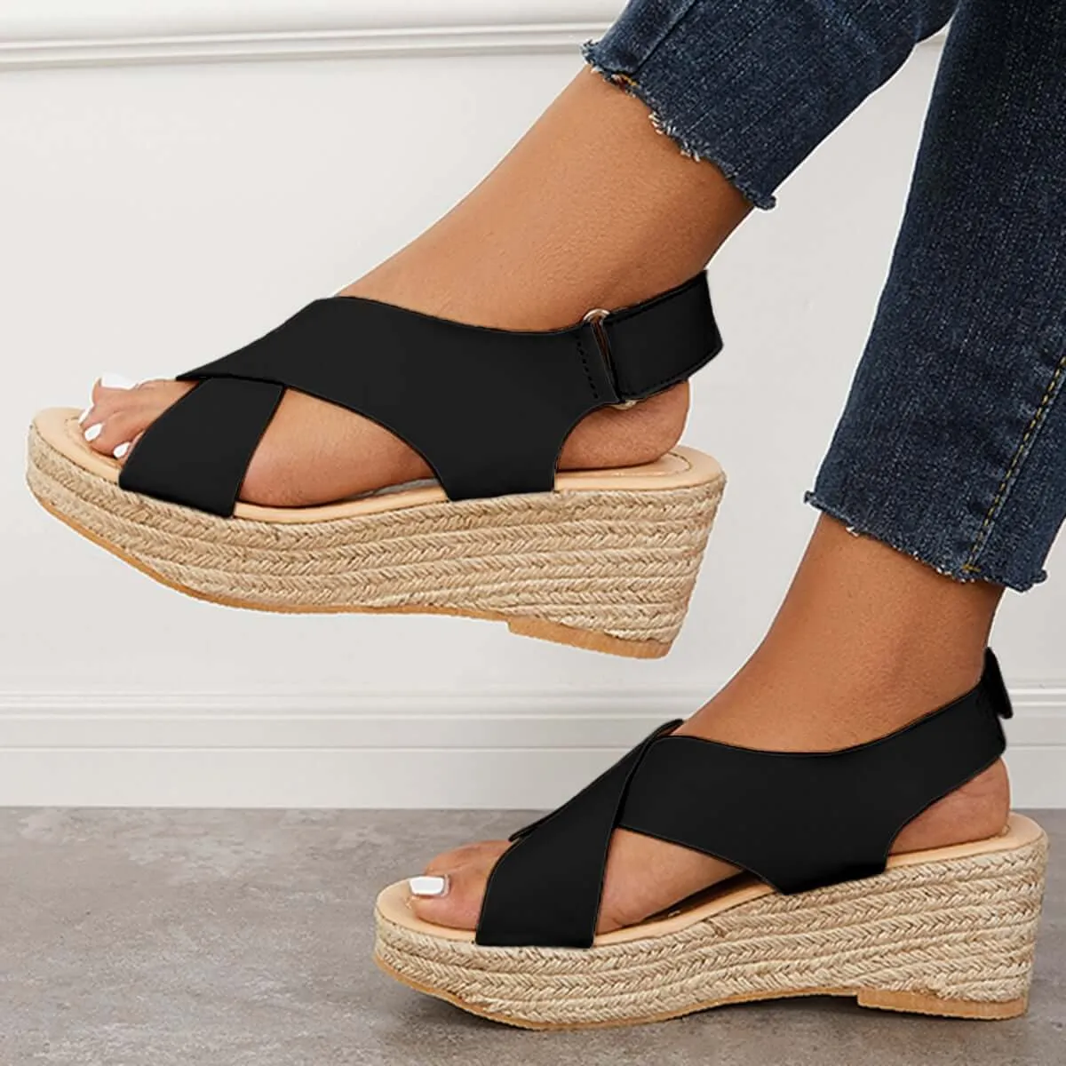 Sohiwoo Women Criss Cross Espadrilles Platform Wedges Ankle Strap Sandals